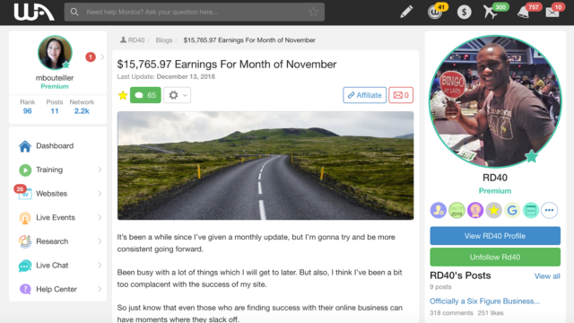 RD40 success story inside Wealthy Affiliate