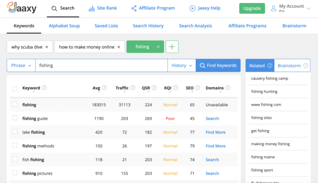 Search Term on Fishing in Jaaxy Research and Niche Keyword Tool