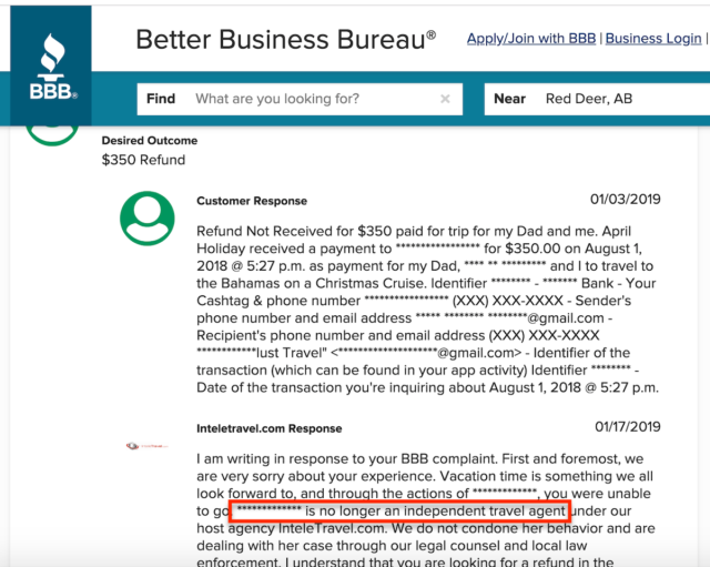 BBB complaint but travel agent no in business anymore