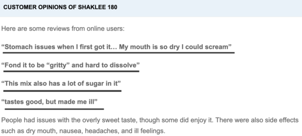 Customer opinions of Shaklee 180