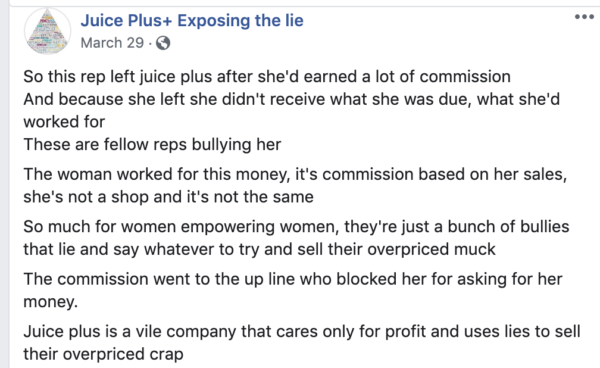 On Facebook a rep who left and only wanted her commissions paid