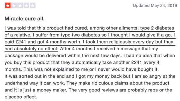 This person was told the product would cure diabetes