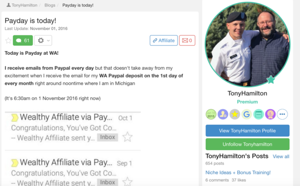 Tony's Payday is today at Wealthy Affiliate