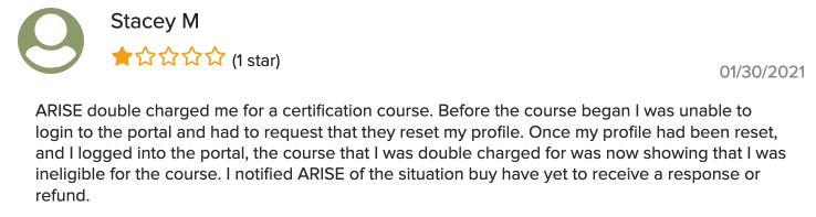 BBB Arise Negative Testimonial  - Double Charge on Certification Course