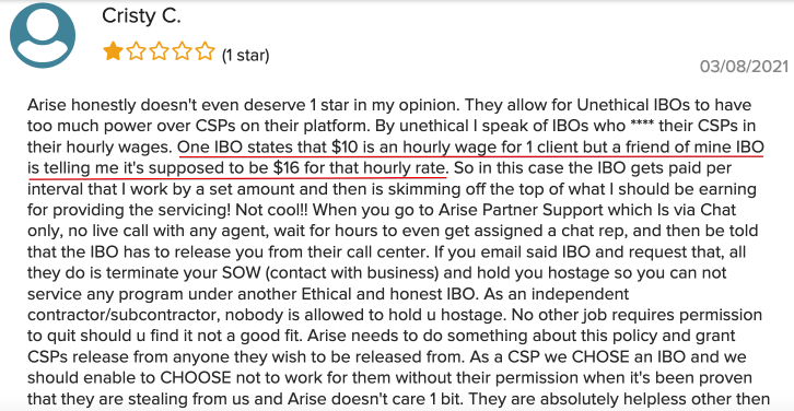 BBB Arise Negative Testimonial - Wage Issue Descrepancy