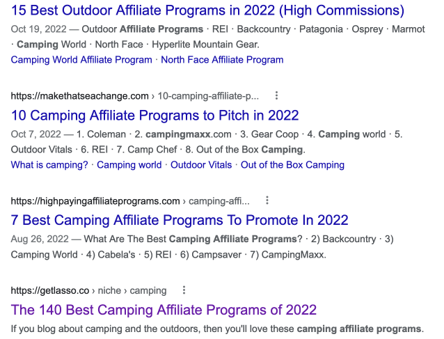 Examples of camping affiliate programs